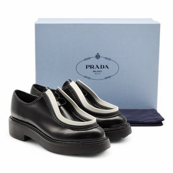 Prada Diapason Opaque Derby Shoes - Brushed Leather - Black 37 6.5